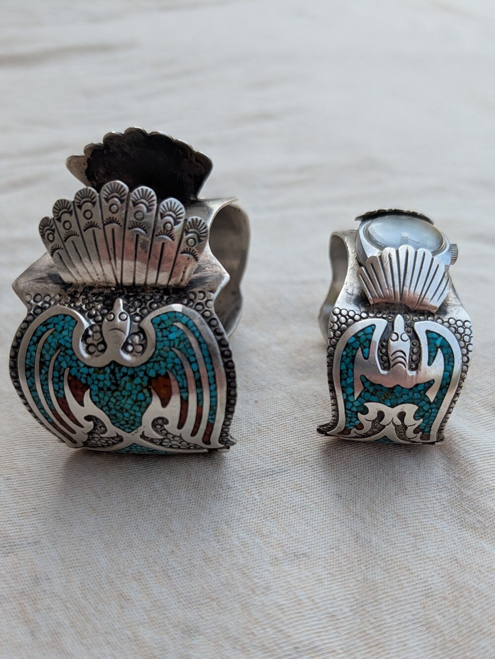Vintage His And Hers Sterling Turquoise Thunderbird Watch Bands Franklin Navajo